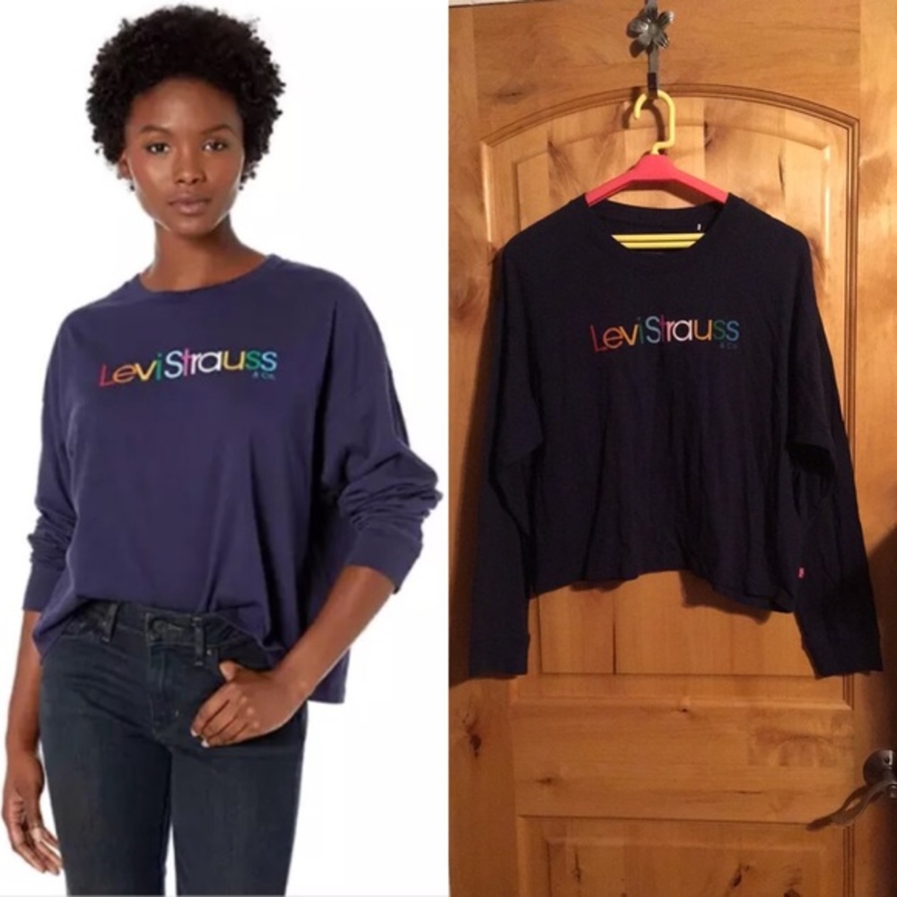 NWT Levi's Graphic Navy Blue Rainbow Multicolor Logo Sea Captain Tee Top M